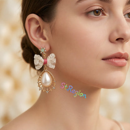 Pearl and Cubic Zirconia 18K Gold-Plated Bow Drop Earrings, gold drop earrings for women, botanical inspired, styled look