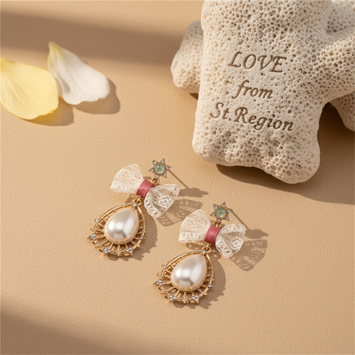 Pearl and Cubic Zirconia 18K Gold-Plated Bow Drop Earrings, gold drop earrings for women, botanical inspired, lifestyle look