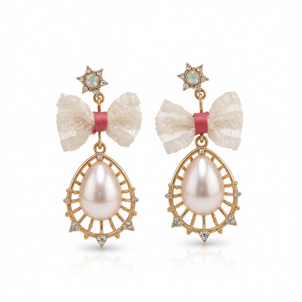 Pearl and Cubic Zirconia 18K Gold-Plated Bow Drop Earrings, gold drop earrings for women, botanical inspired, side view