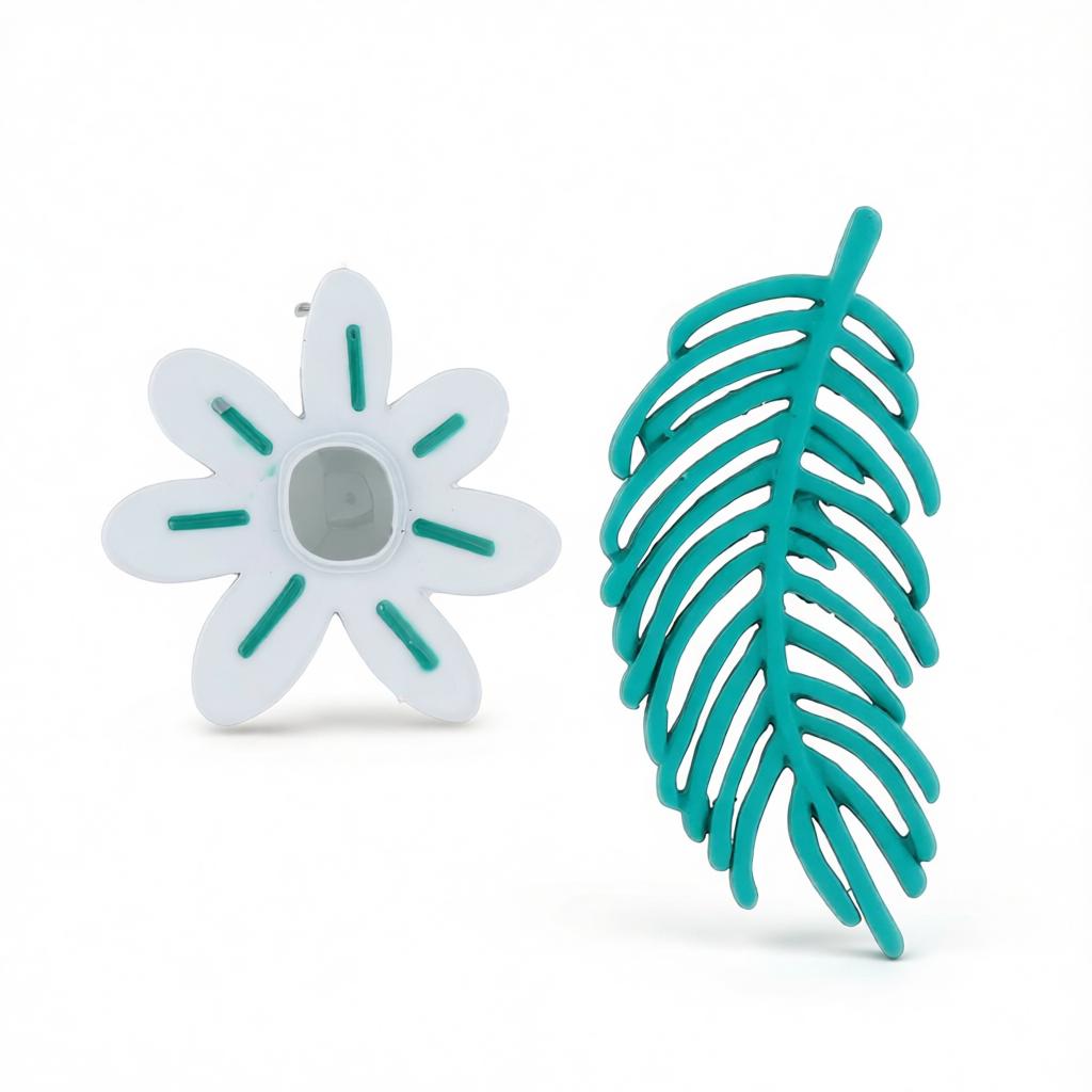 Green Enamel and Silver-Plated Leaf and Flower Mismatched Stud Earrings, cubic zirconia stud earrings for women, side view
