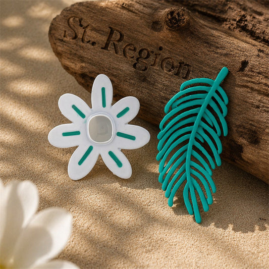 Green Enamel & Silver-Plated Leaf & Flower Mismatched Stud Earrings