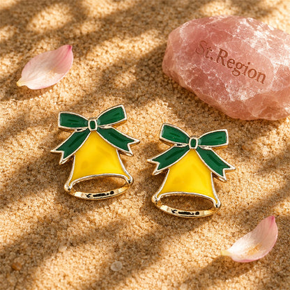 Silver-Plated and Yellow Enamel Christmas Bell Stud Earrings, silver stud earrings for women, detail close-up