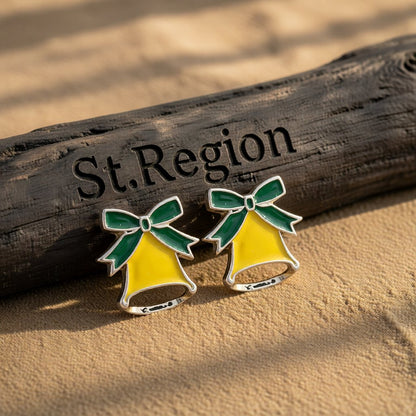 Silver-Plated and Yellow Enamel Christmas Bell Stud Earrings, silver stud earrings for women, side view