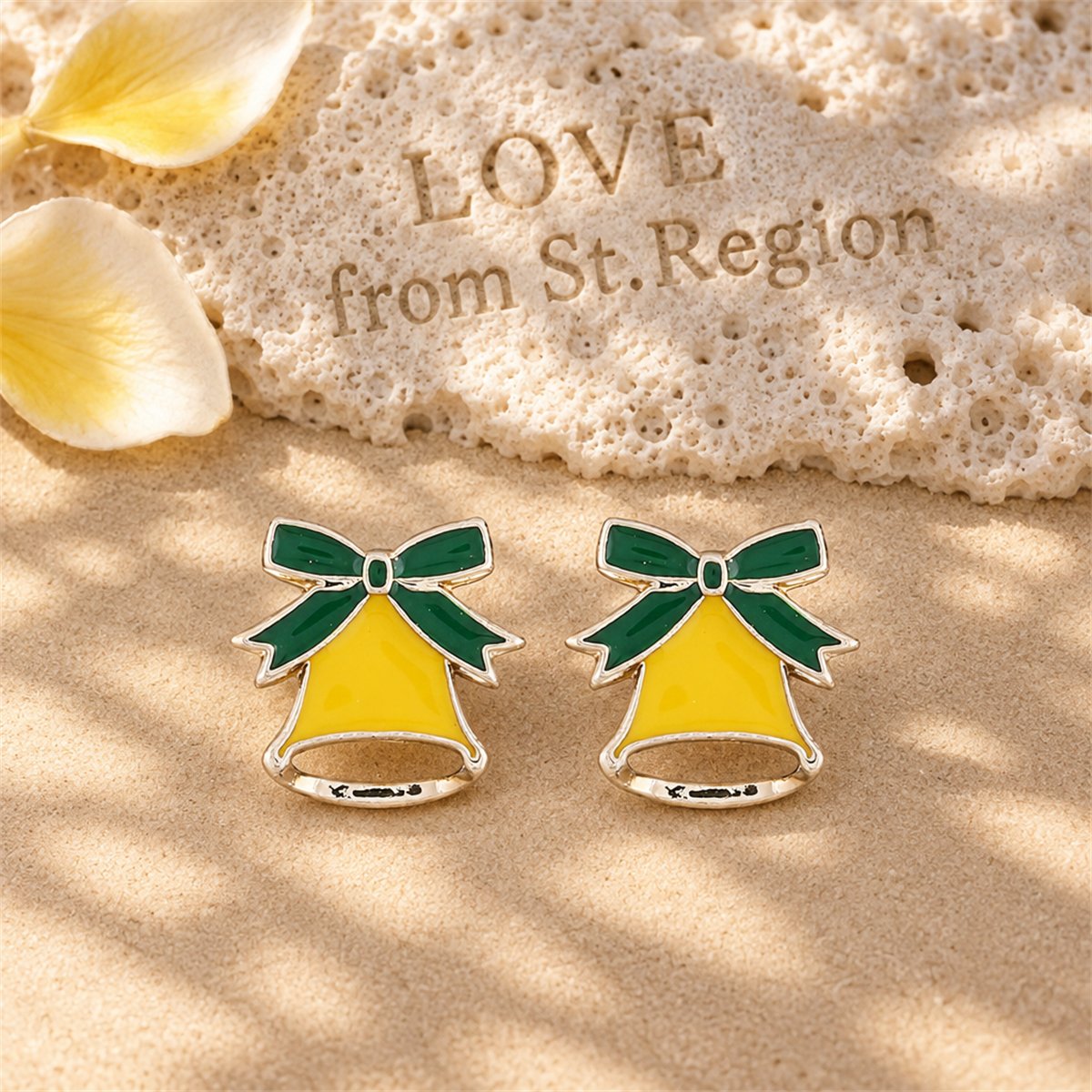 Silver-Plated and Yellow Enamel Christmas Bell Stud Earrings, silver stud earrings for women, lifestyle look
