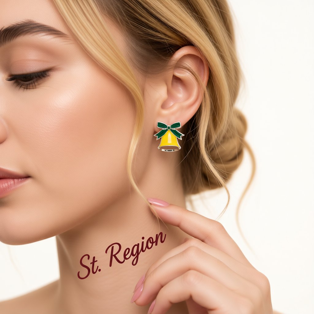 Silver-Plated and Yellow Enamel Christmas Bell Stud Earrings, silver stud earrings for women, styled look
