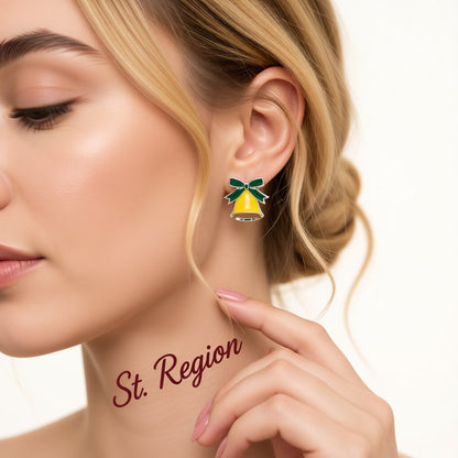 Silver-Plated and Yellow Enamel Christmas Bell Stud Earrings, silver stud earrings for women, styled look