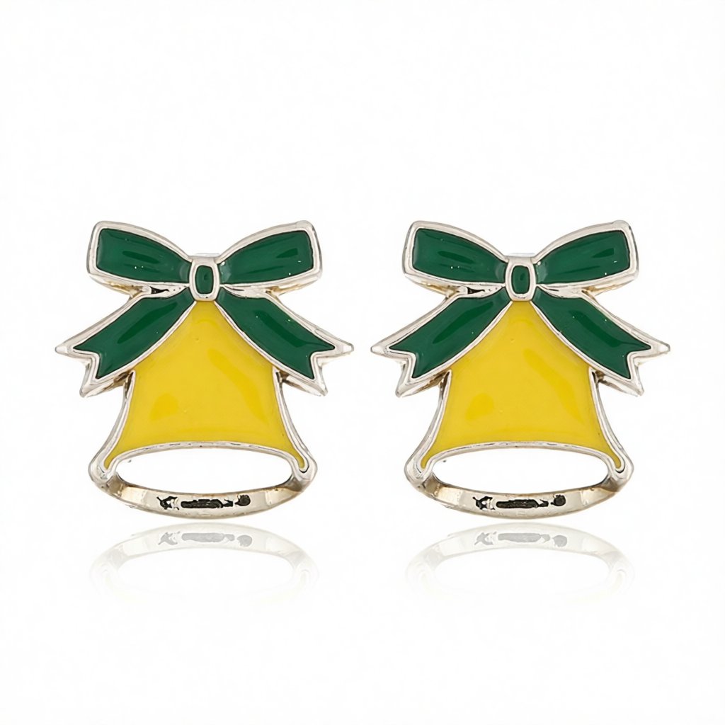 Silver-Plated and Yellow Enamel Christmas Bell Stud Earrings, silver stud earrings for women, front view