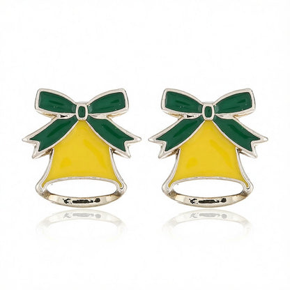 Silver-Plated and Yellow Enamel Christmas Bell Stud Earrings, silver stud earrings for women, front view
