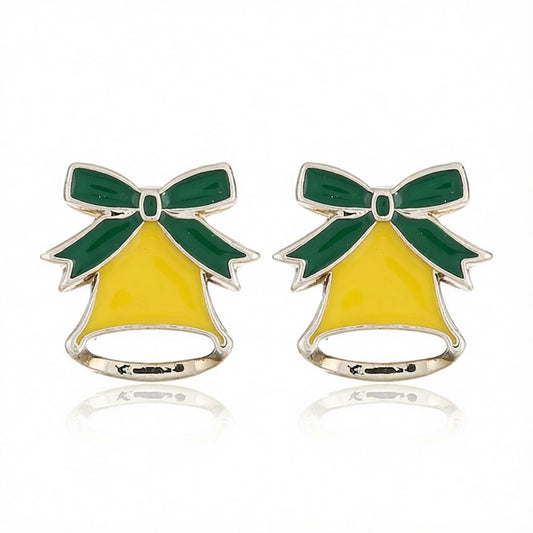 Silver-Plated and Yellow Enamel Christmas Bell Stud Earrings, silver stud earrings for women, front view
