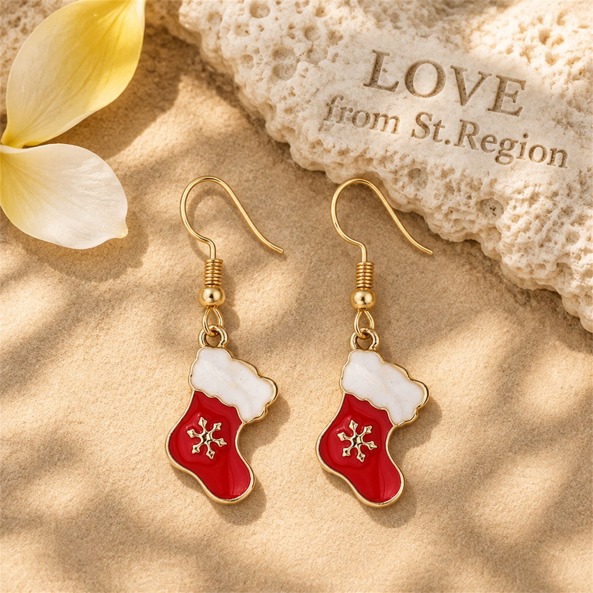 Red Enamel and 18K Gold-Plated Boots Drop Earrings, gold drop earrings for women, botanical inspired, lifestyle look