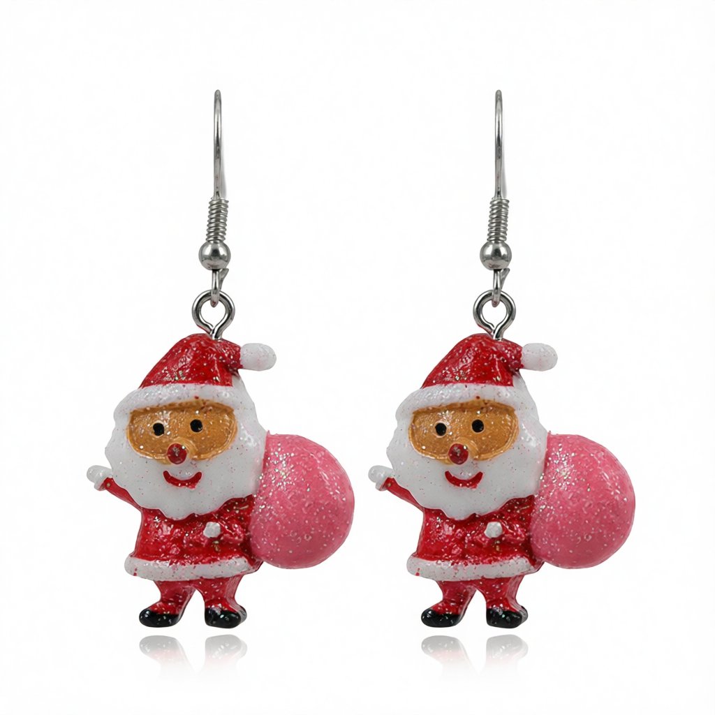 Red Acrylic and Silver-Plated Santa Drop Earrings, silver drop earrings for women, botanical inspired, side view