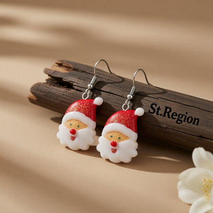 Red Acrylic and Silver-Plated Glitter Santa Drop Earrings, silver drop earrings for women, front view
