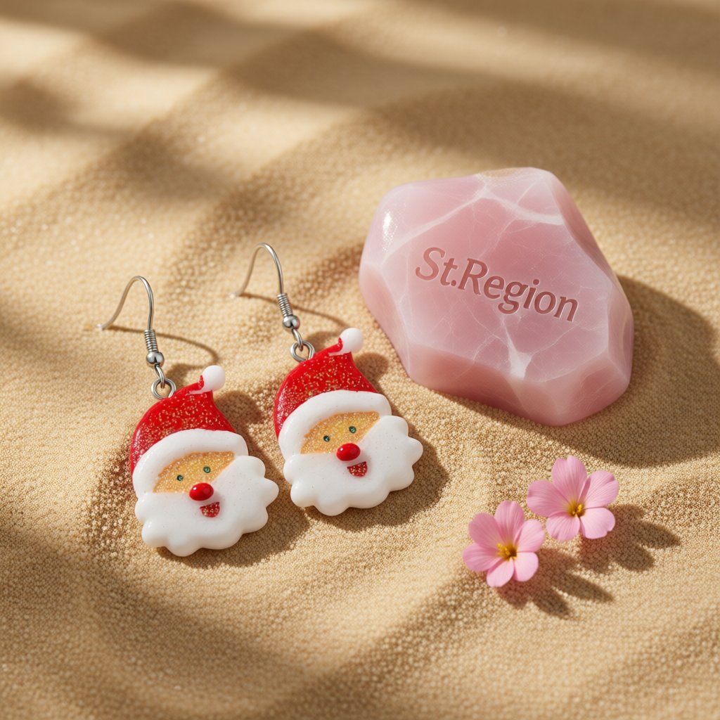 Red Acrylic and Silver-Plated Glitter Santa Drop Earrings, silver drop earrings for women, detail close-up