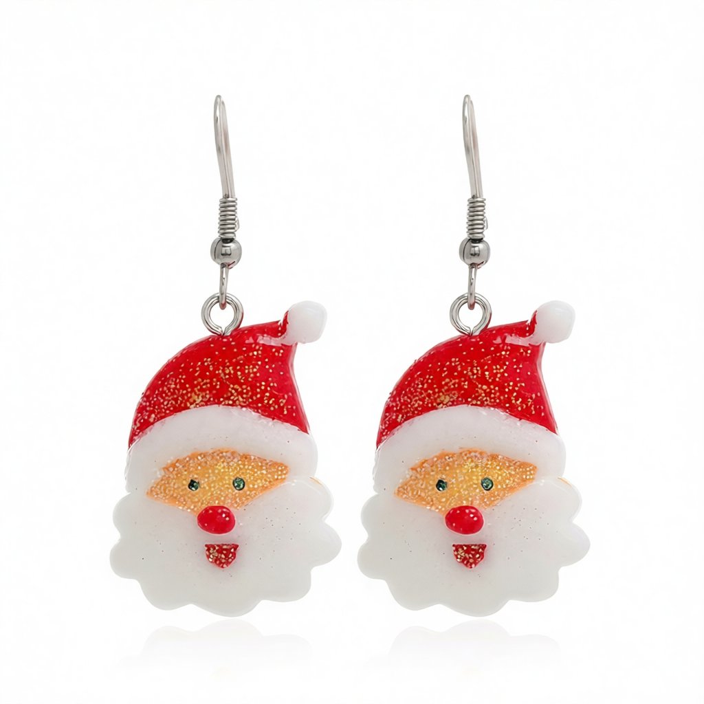 Red Acrylic and Silver-Plated Glitter Santa Drop Earrings, silver drop earrings for women, vintage-inspired design, side view