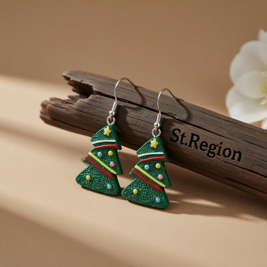 Green Acrylic and Silver-Plated Christmas Tree Drop Earrings, silver drop earrings for women, front view