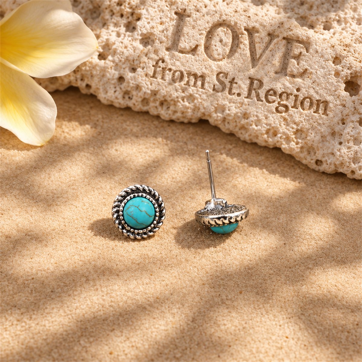 Turquoise and Silver-Plated Round Stud Earrings, silver stud earrings for women, elegant gift for her, lifestyle look