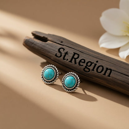 Turquoise and Silver-Plated Round Stud Earrings, silver stud earrings for women, elegant gift for her, front view