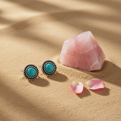 Turquoise and Silver-Plated Round Stud Earrings, silver stud earrings for women, elegant gift for her, detail close-up