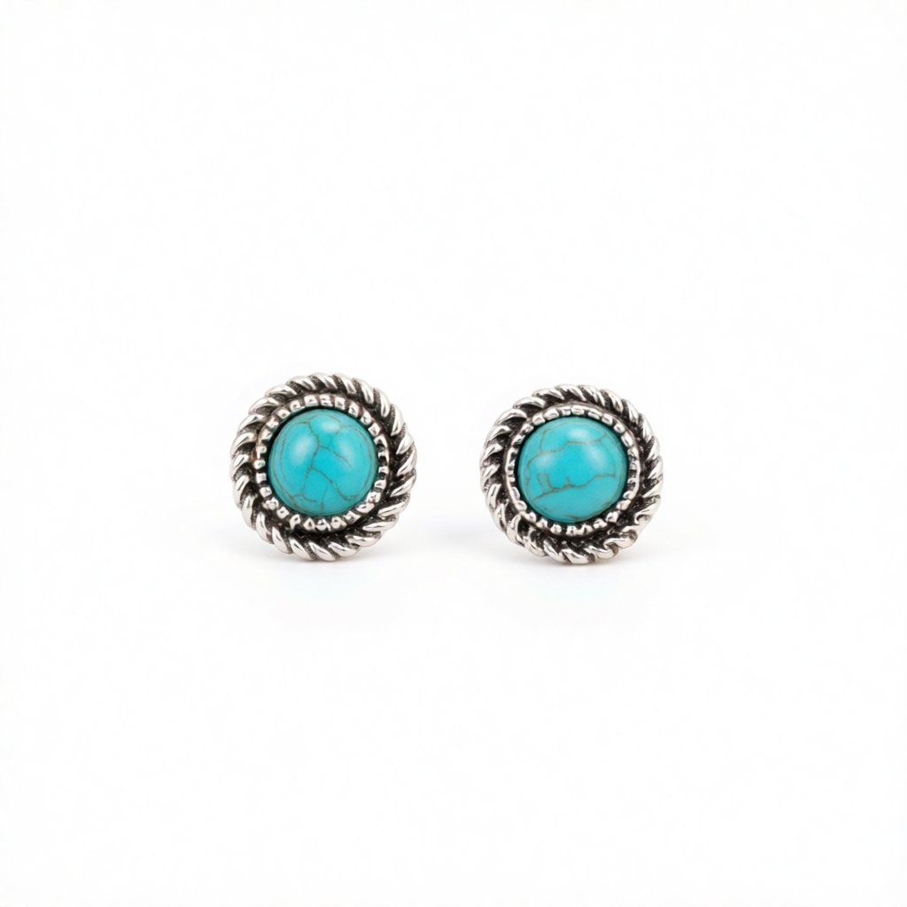 Turquoise and Silver-Plated Round Stud Earrings, silver stud earrings for women, elegant gift for her, side view