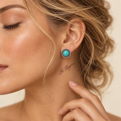 Turquoise and Silver-Plated Round Stud Earrings, silver stud earrings for women, elegant gift for her, styled look