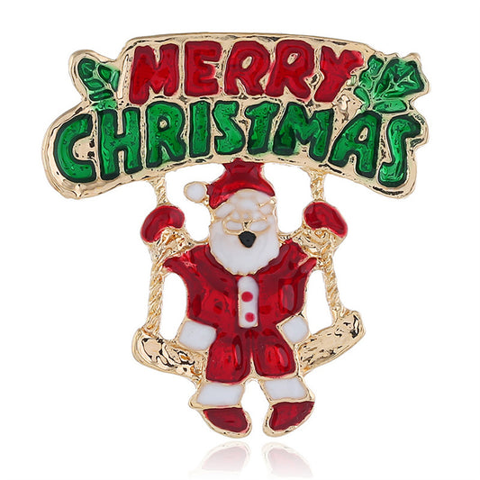 Red Enamel and 18K Gold-Plated 'Merry Christmas' Santa Brooch, gold brooch pin, elegant gift for her, front view