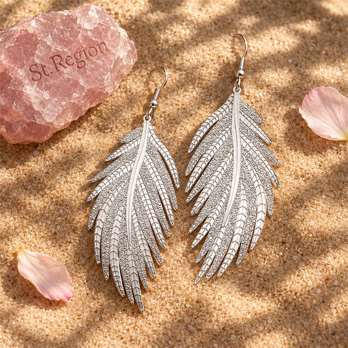 Silver-Plated Feather Drop Earrings, silver drop earrings for women, dainty minimalist design, detail close-up