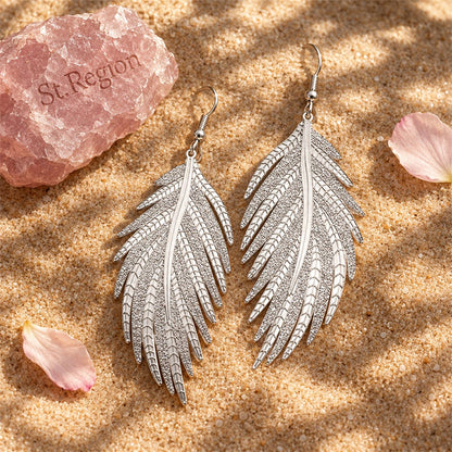 Silver-Plated Feather Drop Earrings, silver drop earrings for women, dainty minimalist design, detail close-up