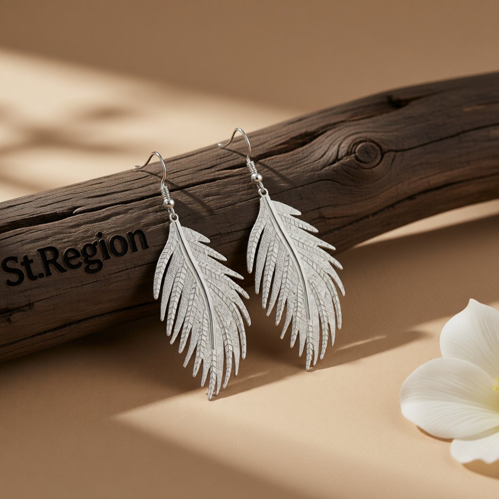 Silver-Plated Feather Drop Earrings, silver drop earrings for women, dainty minimalist design, front view
