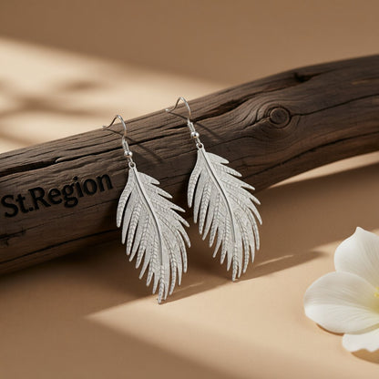 Silver-Plated Feather Drop Earrings, silver drop earrings for women, dainty minimalist design, front view