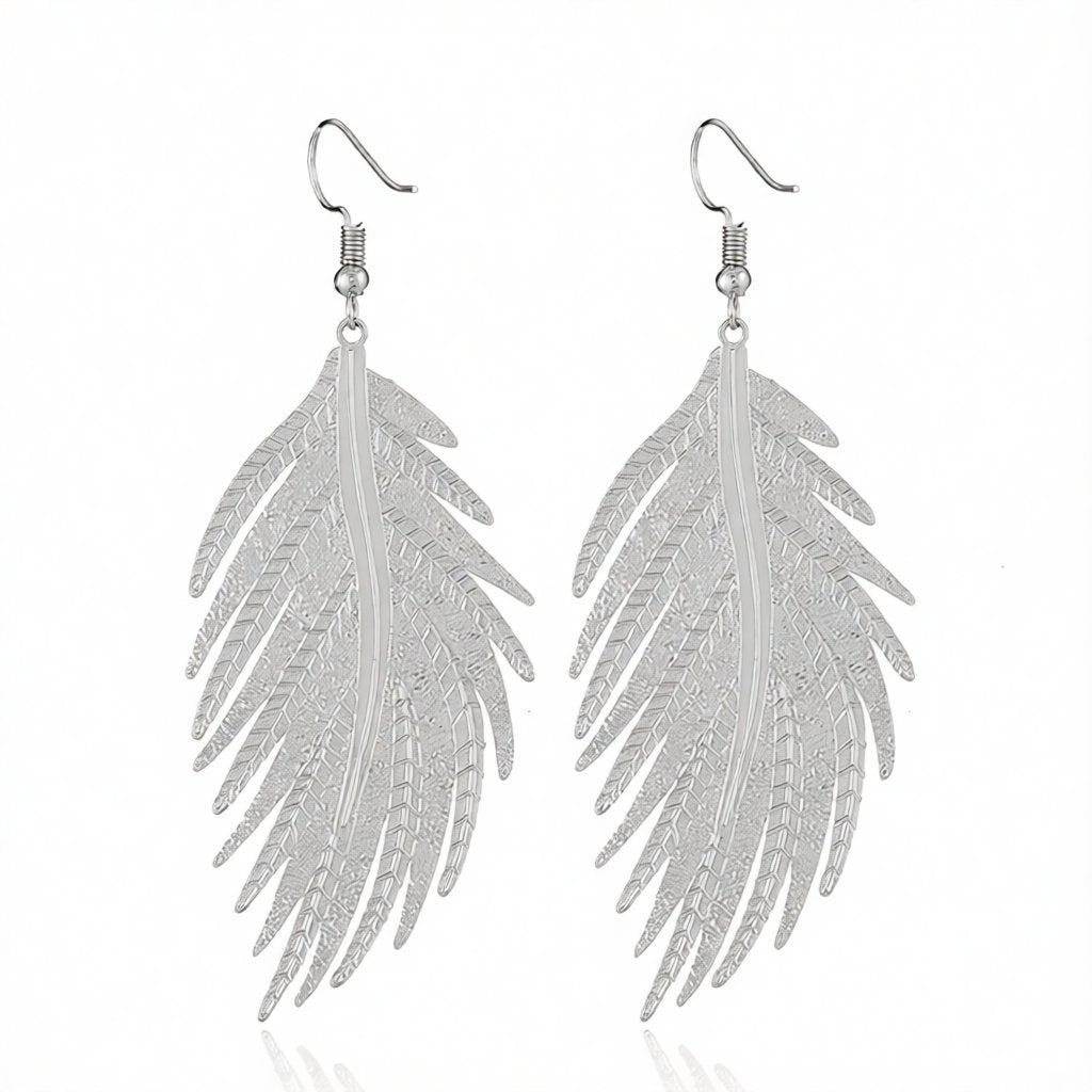 Silver-Plated Feather Drop Earrings, silver drop earrings for women, dainty minimalist design, side view