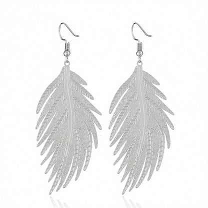Silver-Plated Feather Drop Earrings, silver drop earrings for women, dainty minimalist design, side view