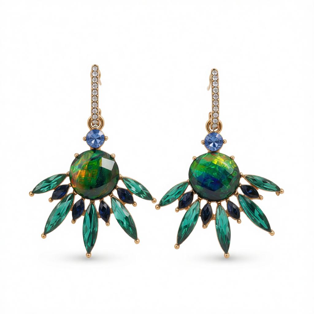 Cubic Zirconia & Green Crystal Botanical Drop Earrings