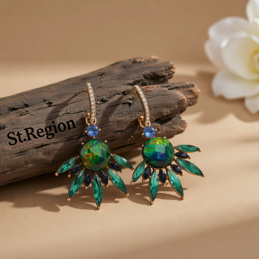 Cubic Zirconia & Green Crystal Botanical Drop Earrings