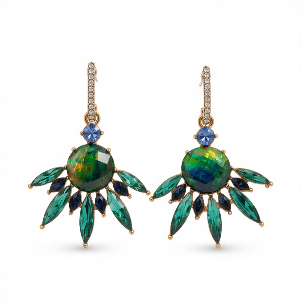 Cubic Zirconia & Green Crystal Botanical Drop Earrings