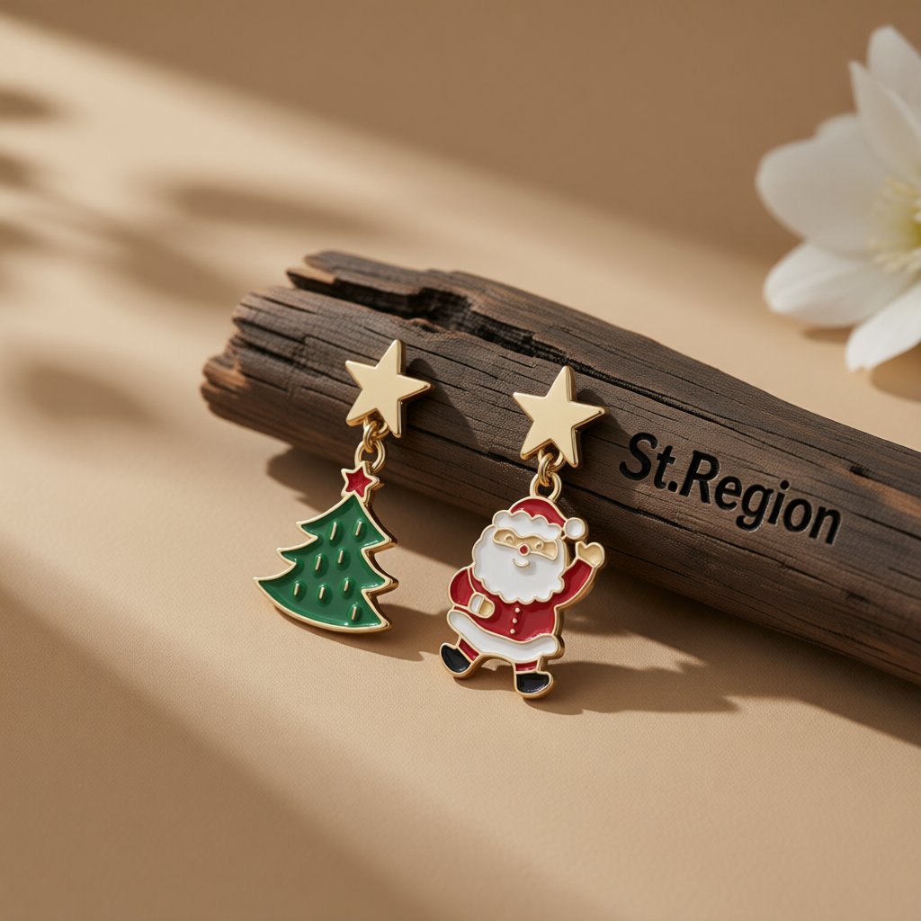 Green Enamel and 18K Gold-Plated Star Santa Christmas Tree Mismatch Drop Earrings, gold drop earrings for women, front view
