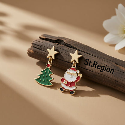 Green Enamel and 18K Gold-Plated Star Santa Christmas Tree Mismatch Drop Earrings, gold drop earrings for women, front view