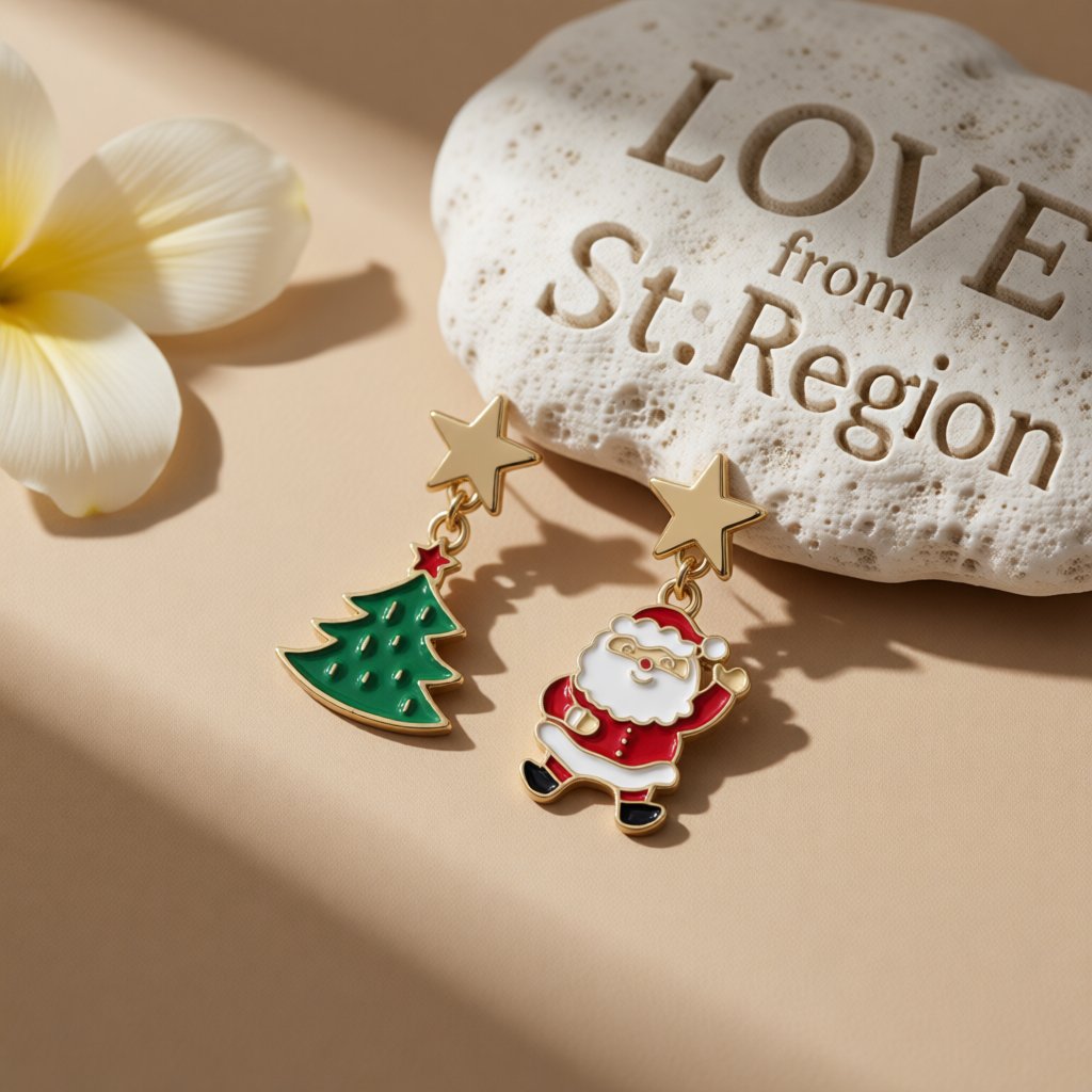 Green Enamel and 18K Gold-Plated Star Santa Christmas Tree Mismatch Drop Earrings, gold drop earrings for..., lifestyle look