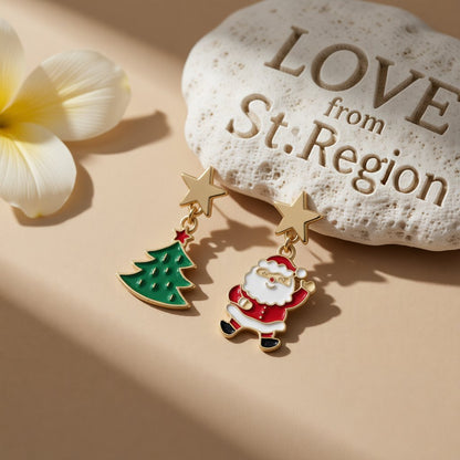 Green Enamel and 18K Gold-Plated Star Santa Christmas Tree Mismatch Drop Earrings, gold drop earrings for..., lifestyle look