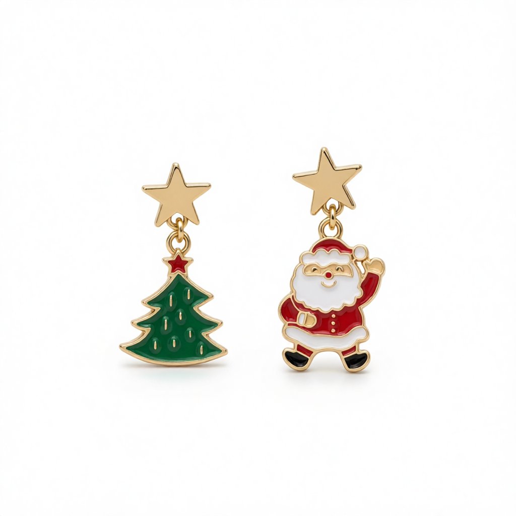 Green Enamel and 18K Gold-Plated Star Santa Christmas Tree Mismatch Drop Earrings, gold drop earrings for women, side view