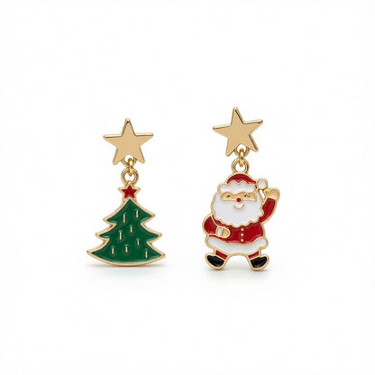Green Enamel and 18K Gold-Plated Star Santa Christmas Tree Mismatch Drop Earrings, gold drop earrings for women, side view