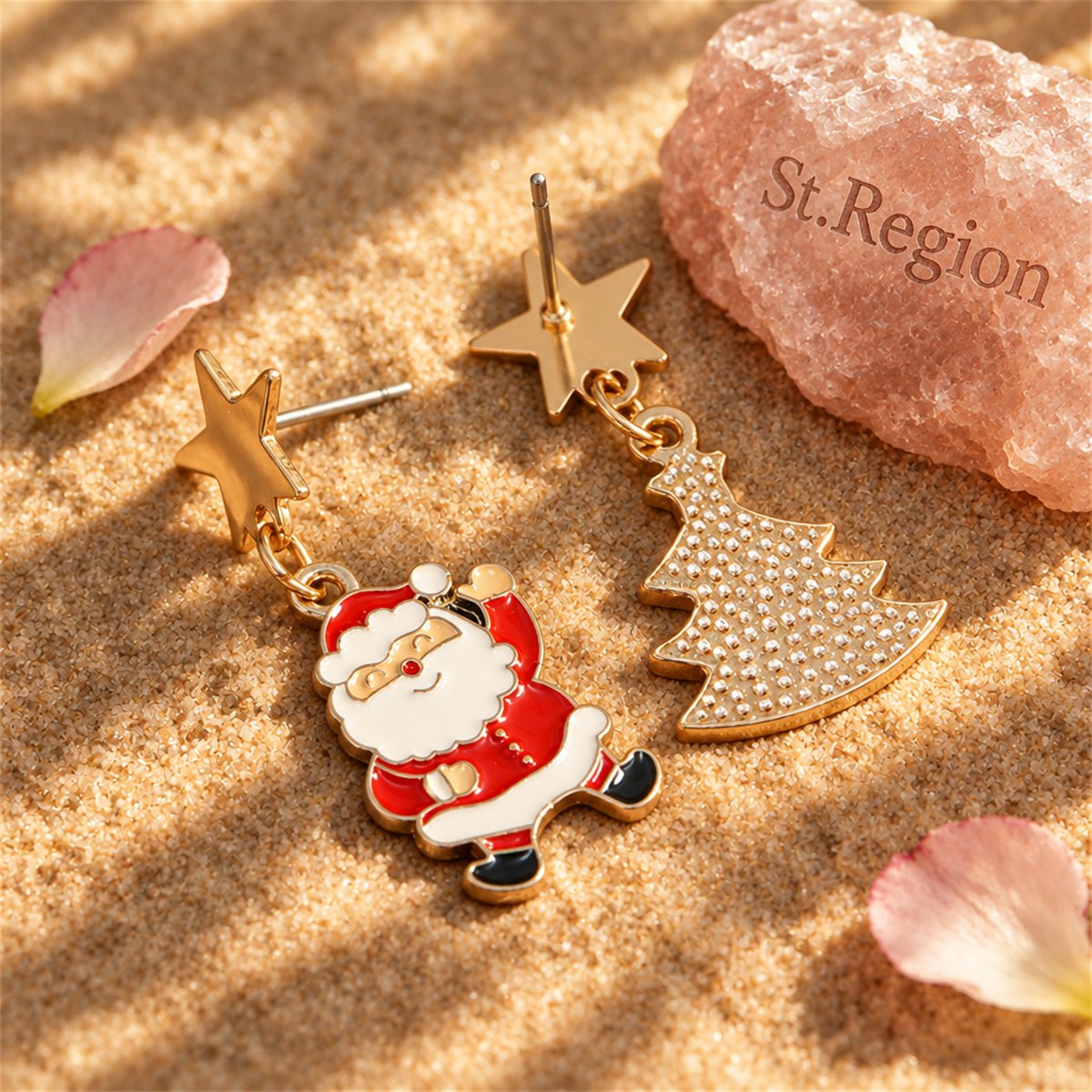 Green Enamel and 18K Gold-Plated Star Santa Christmas Tree Mismatch Drop Earrings, gold drop earrings..., detail close-up