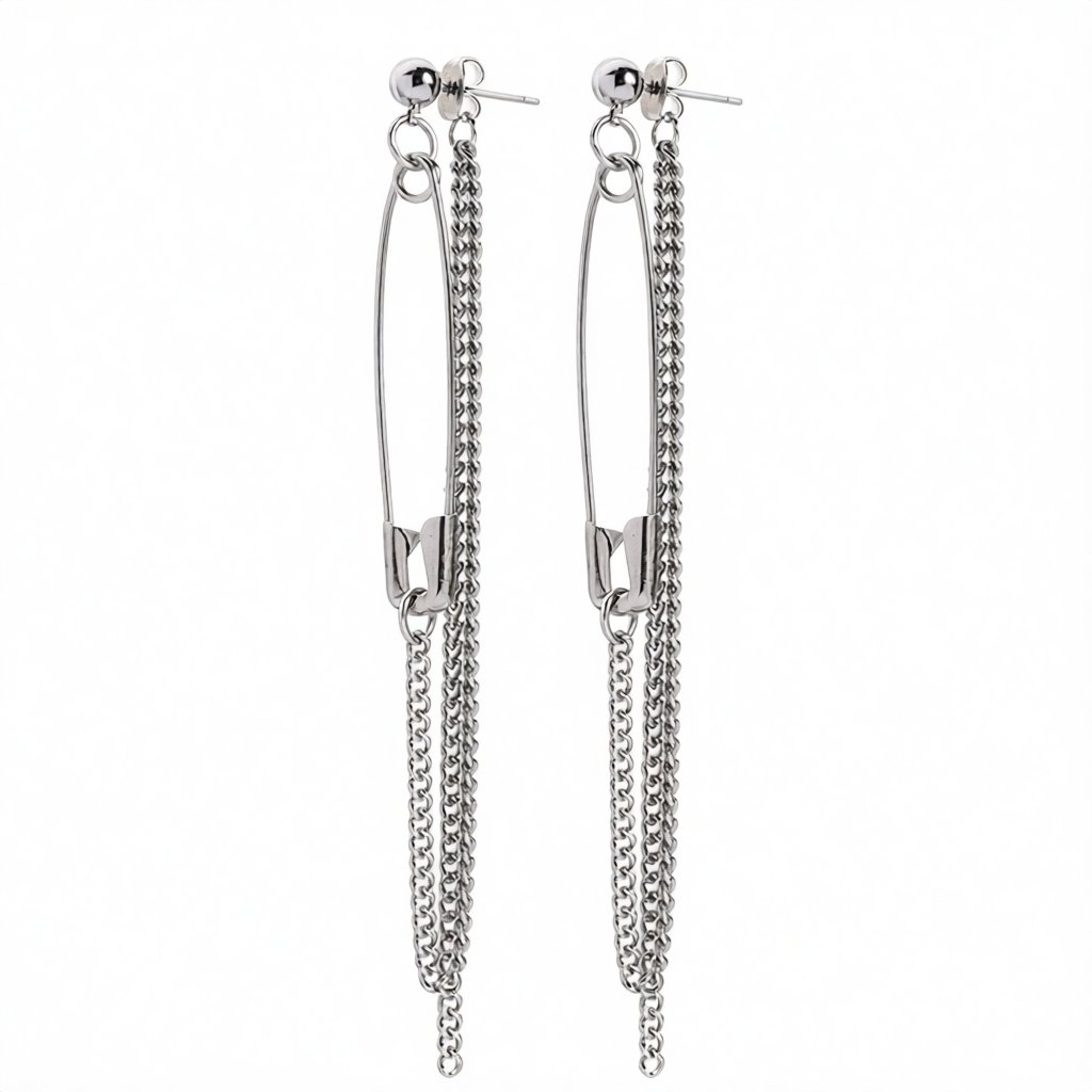 Silver-Plated Pin Tassel Drop Earrings, dainty minimalist design, side view