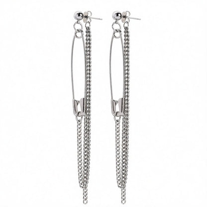 Silver-Plated Pin Tassel Drop Earrings, dainty minimalist design, side view
