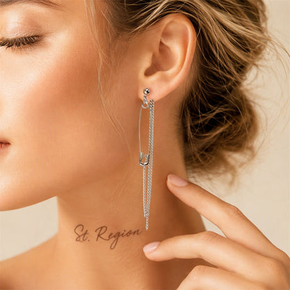 Silver-Plated Pin Tassel Drop Earrings, dainty minimalist design, styled look