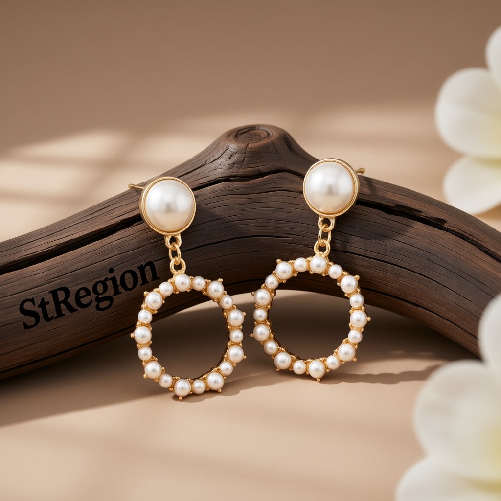 Pearl and 18K Gold-Plated Circle Drop Earrings, gold drop earrings for women, dainty minimalist design, front view