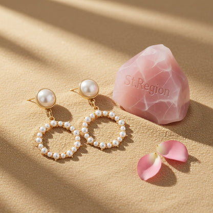Pearl and 18K Gold-Plated Circle Drop Earrings, gold drop earrings for women, dainty minimalist design, detail close-up