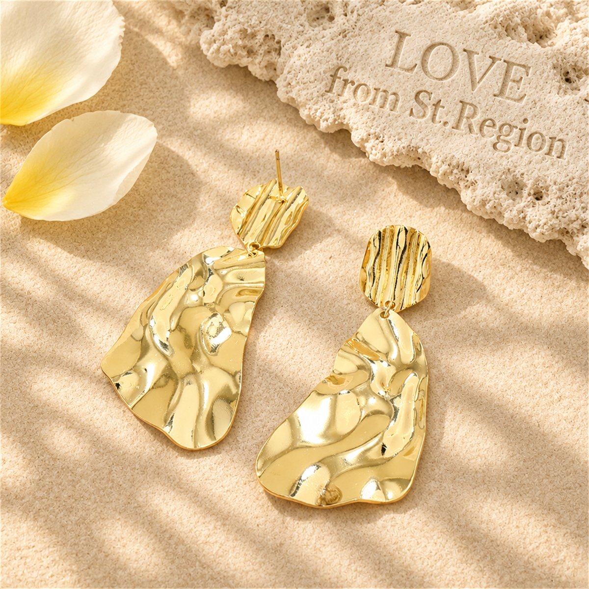 18K Gold-Plated Textured Geometric Drop Earrings, gold drop earrings for women, dainty minimalist design, lifestyle look