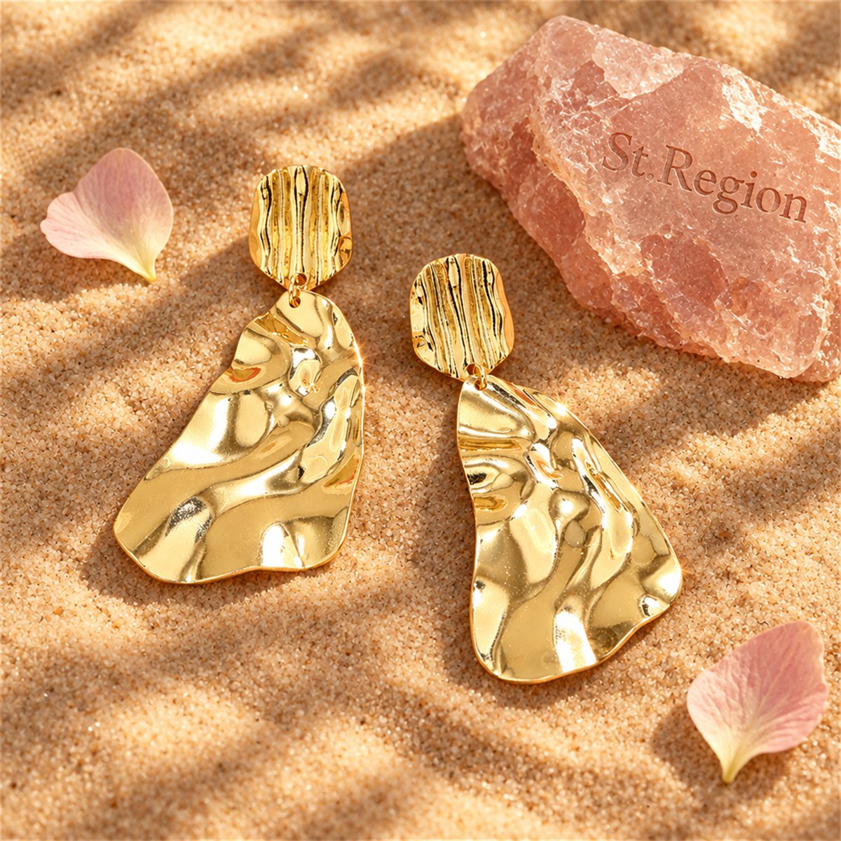 18K Gold-Plated Textured Geometric Drop Earrings, gold drop earrings for women, dainty minimalist design, detail close-up