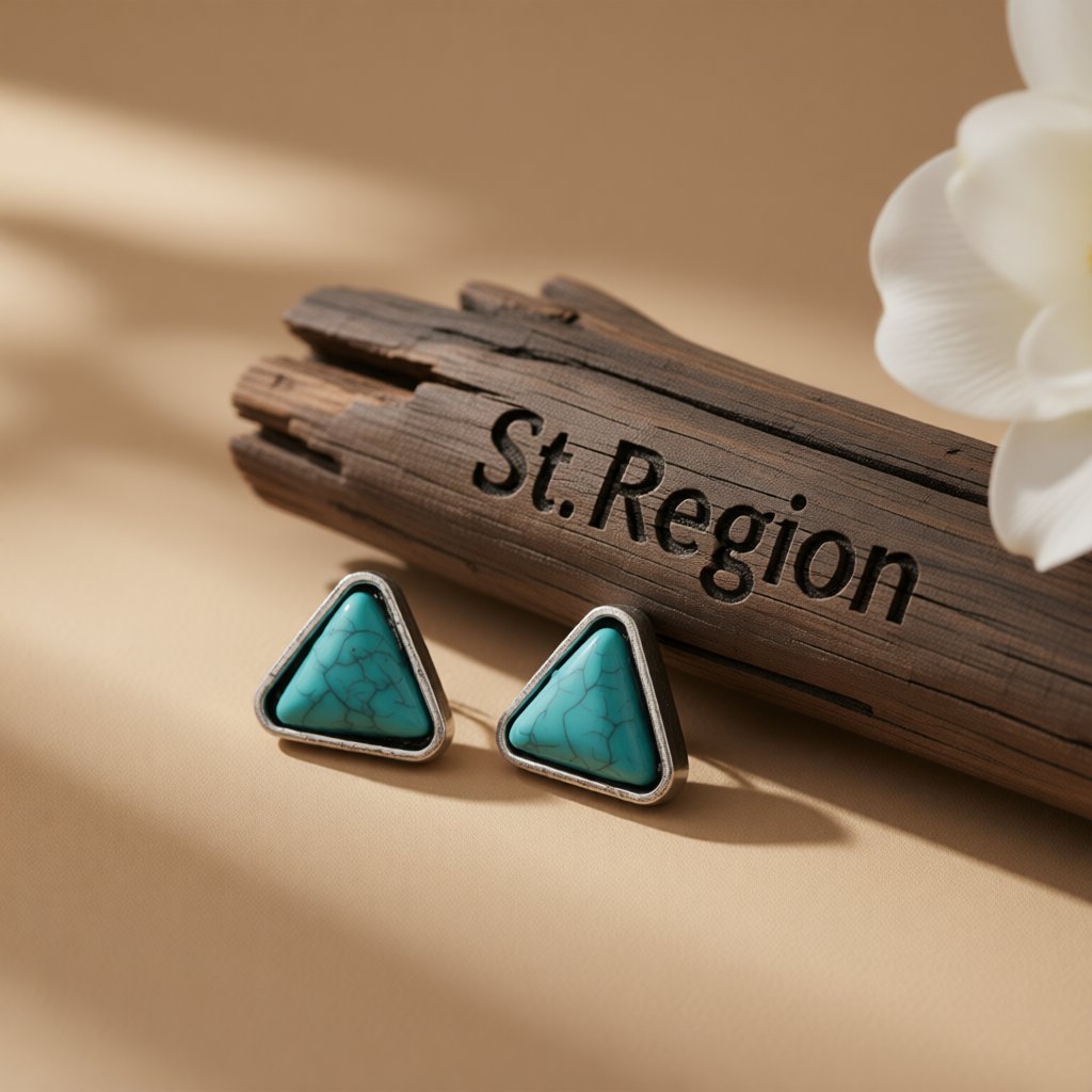 Turquoise and Silver-Plated Triangle Stud Earrings, silver stud earrings for women, elegant gift for her, front view