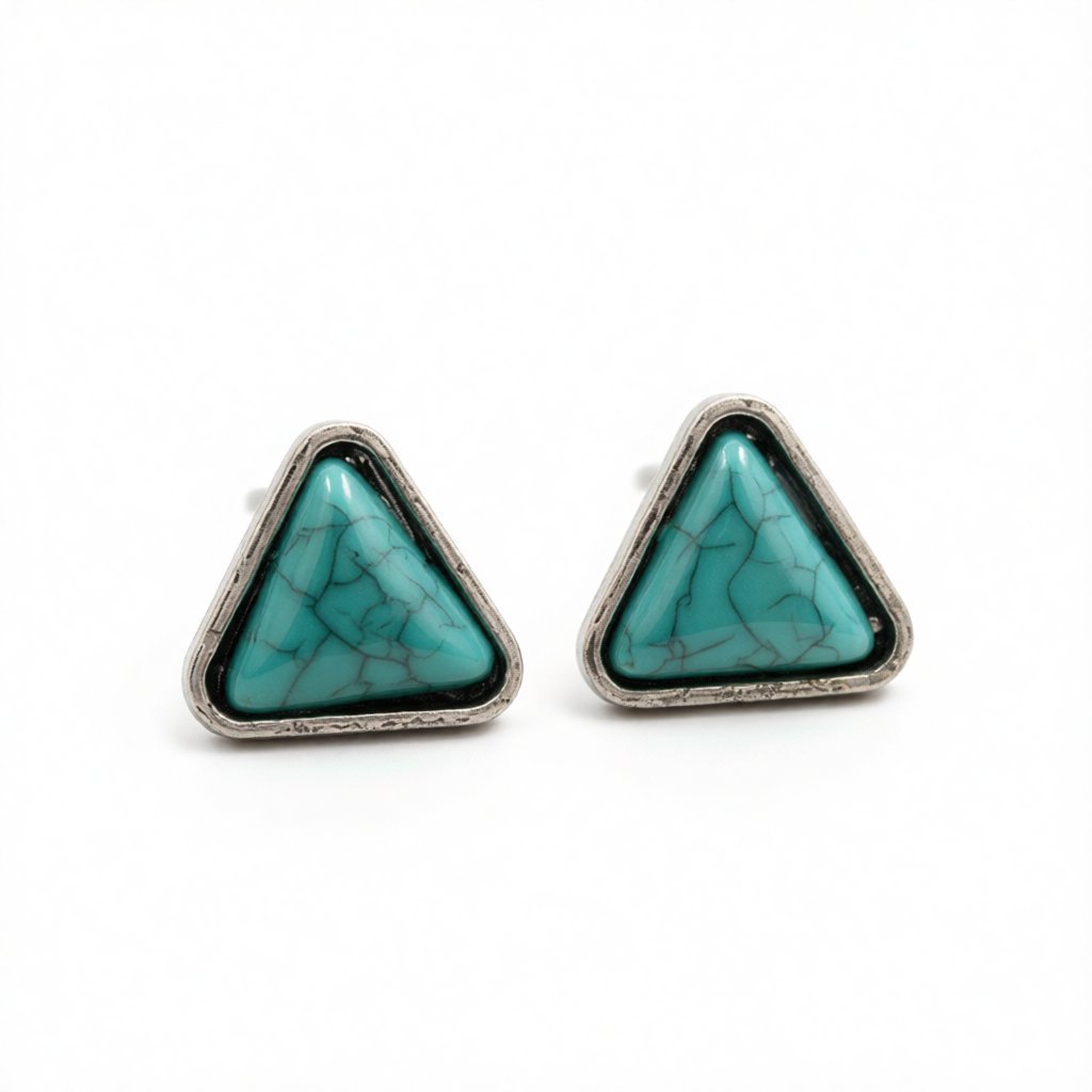 Turquoise and Silver-Plated Triangle Stud Earrings, silver stud earrings for women, elegant gift for her, side view